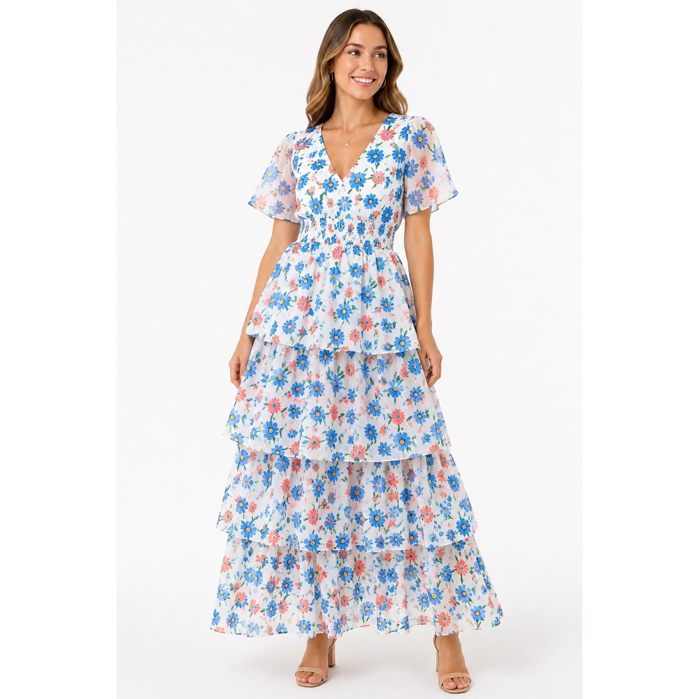 Draper James RSVP Floral Tiered Maxi Dress Blue Coral Smocked Waist Size XS